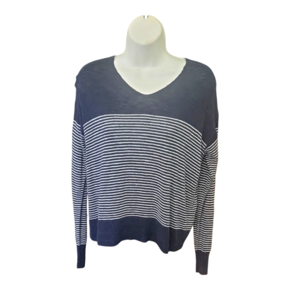 Banana Republic Navy Blue and White V-Neck Sweater Linen Blend Size XS